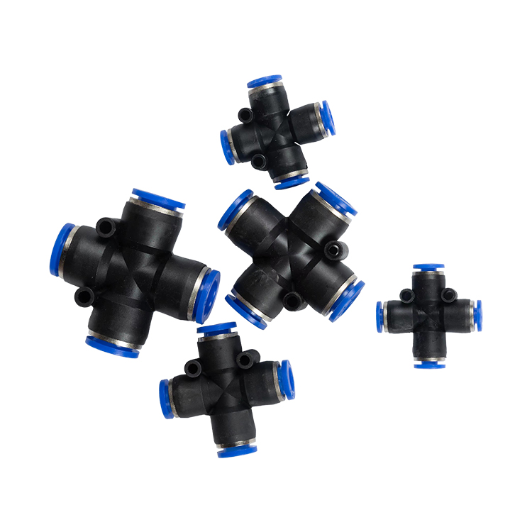 Plastic four-way quick connector for pneumatic element